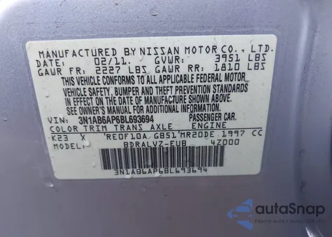 2011 Nissan Sentra 2.0Sl z USA, uszkodzony, nr VIN 3N1AB6AP6BL693694